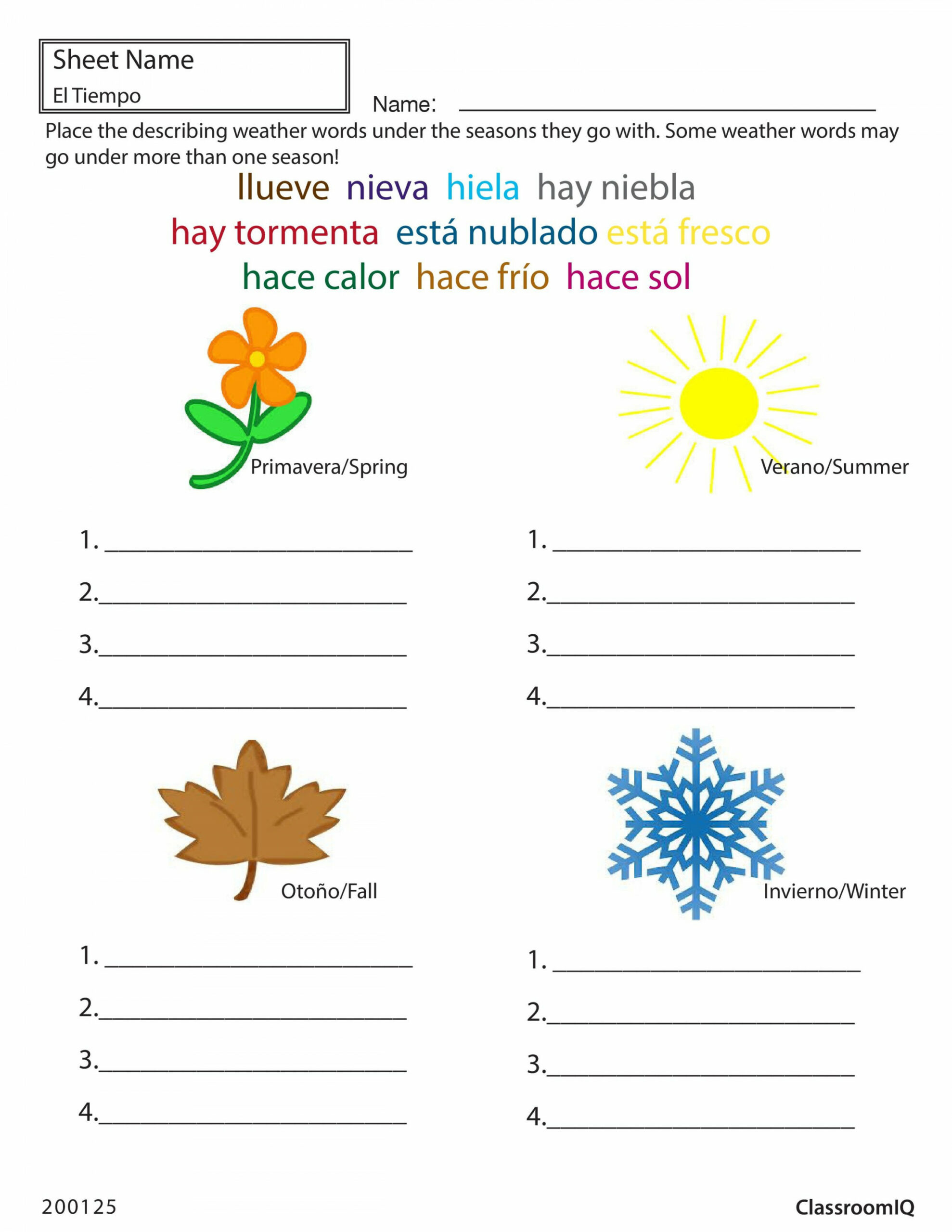 Weather and Seasons in Spanish #spanishworksheets #classroomiq