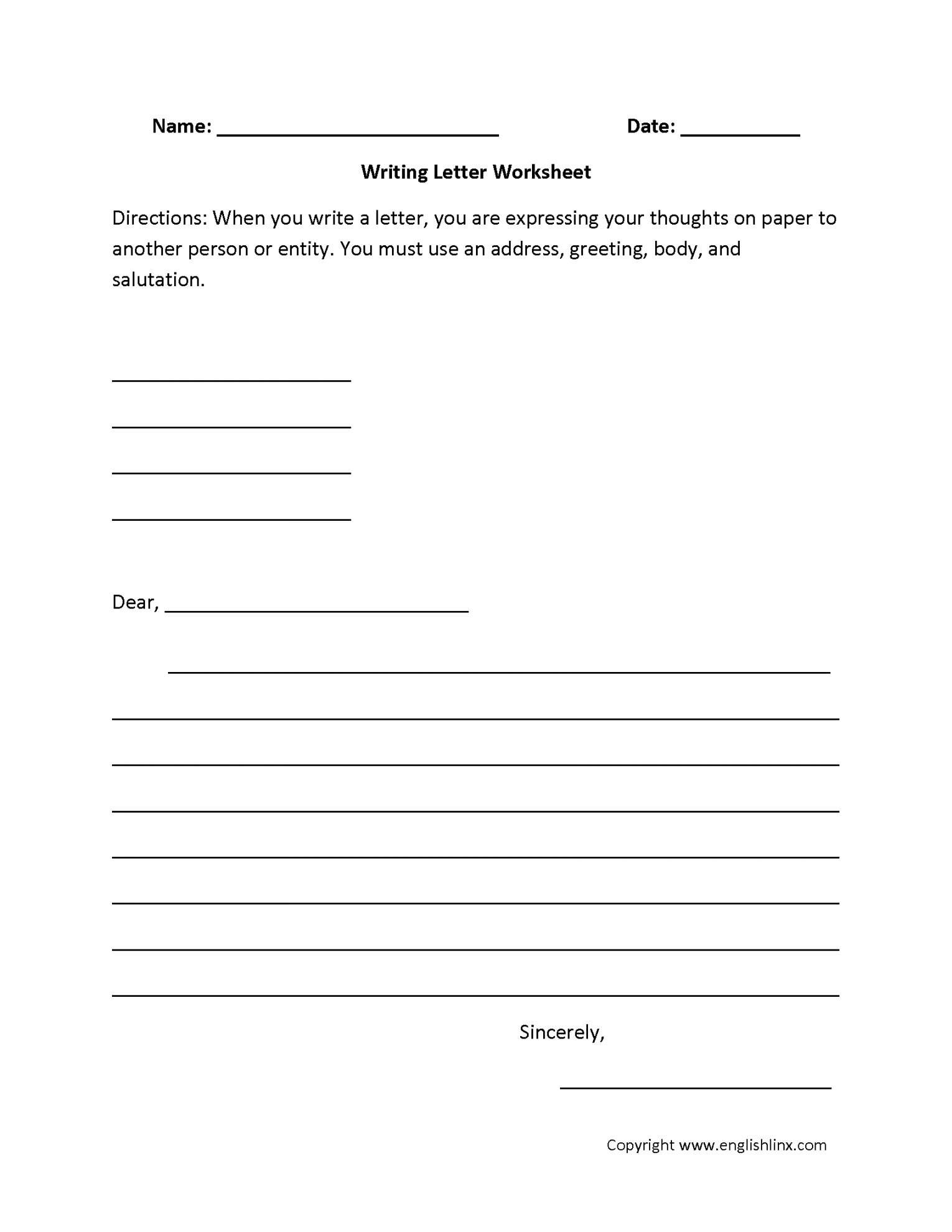 Writing Worksheets  Letter Writing Worksheets