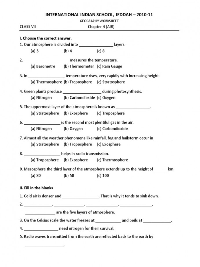 CBSE Class  Geography Worksheets () - Air  PDF  Atmosphere Of