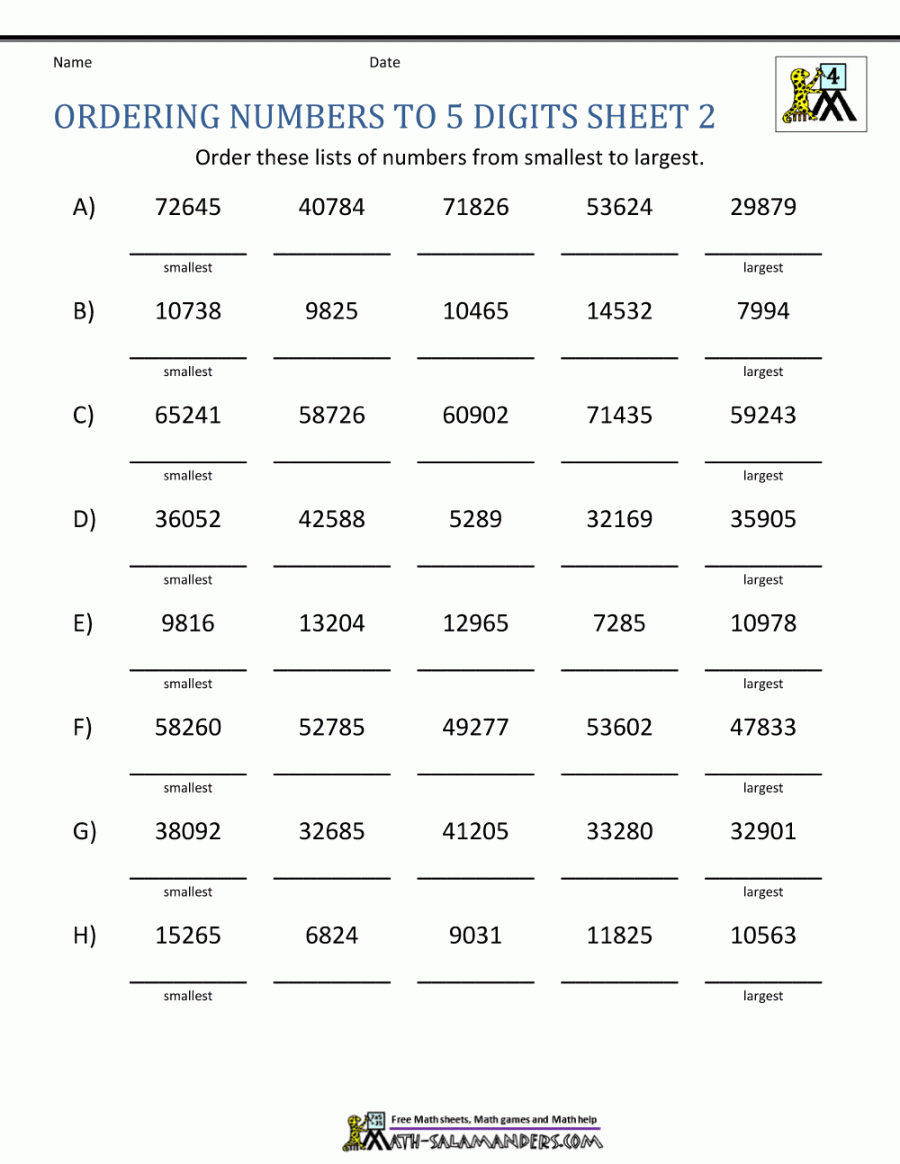 Comparing and Ordering Whole Numbers Worksheets