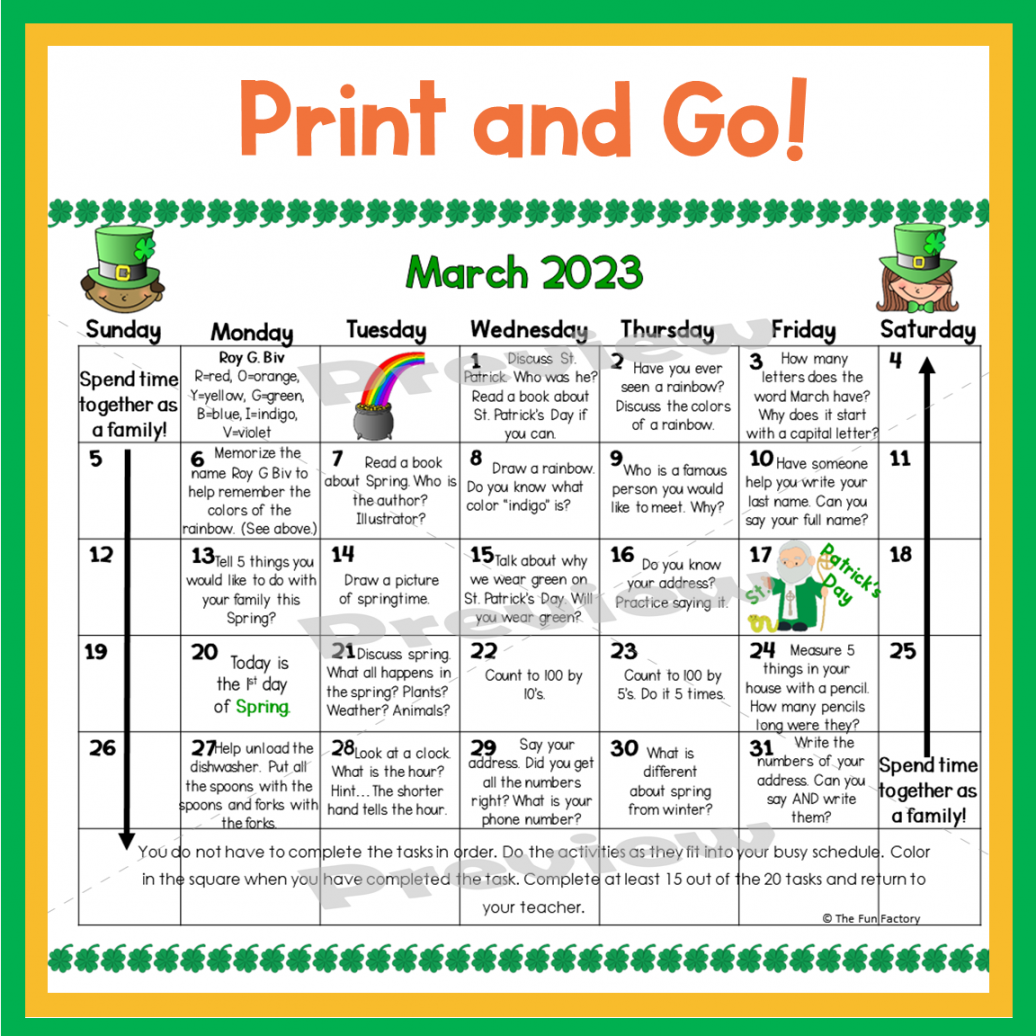 FREE PK and Kindergarten Homework Calendar March Homework Calendar