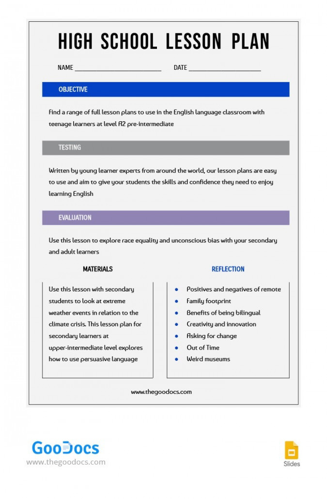 Free Simple High School Lesson Plan Template In Google Docs