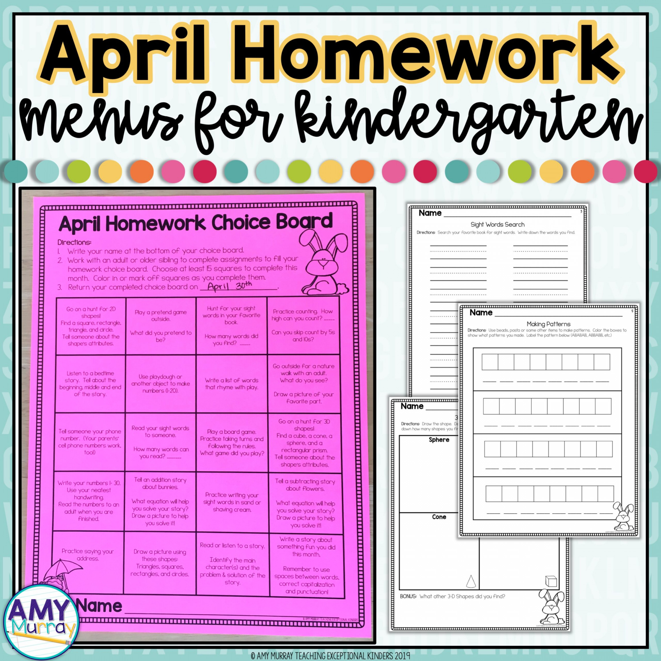 Kindergarten Homework Menu April  Homework Calendar - Teaching