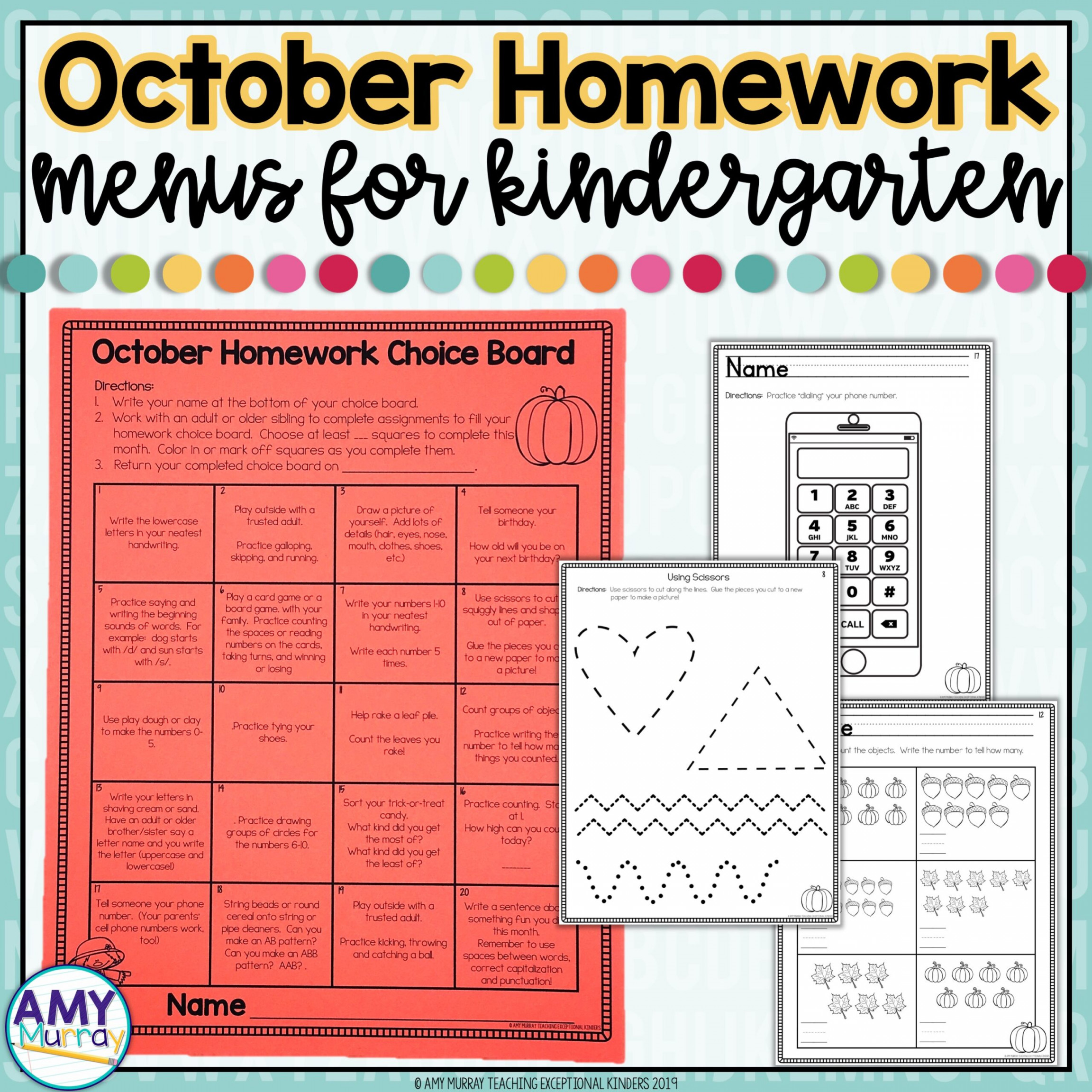 Kindergarten Homework Menu October - Teaching Exceptional Kinders