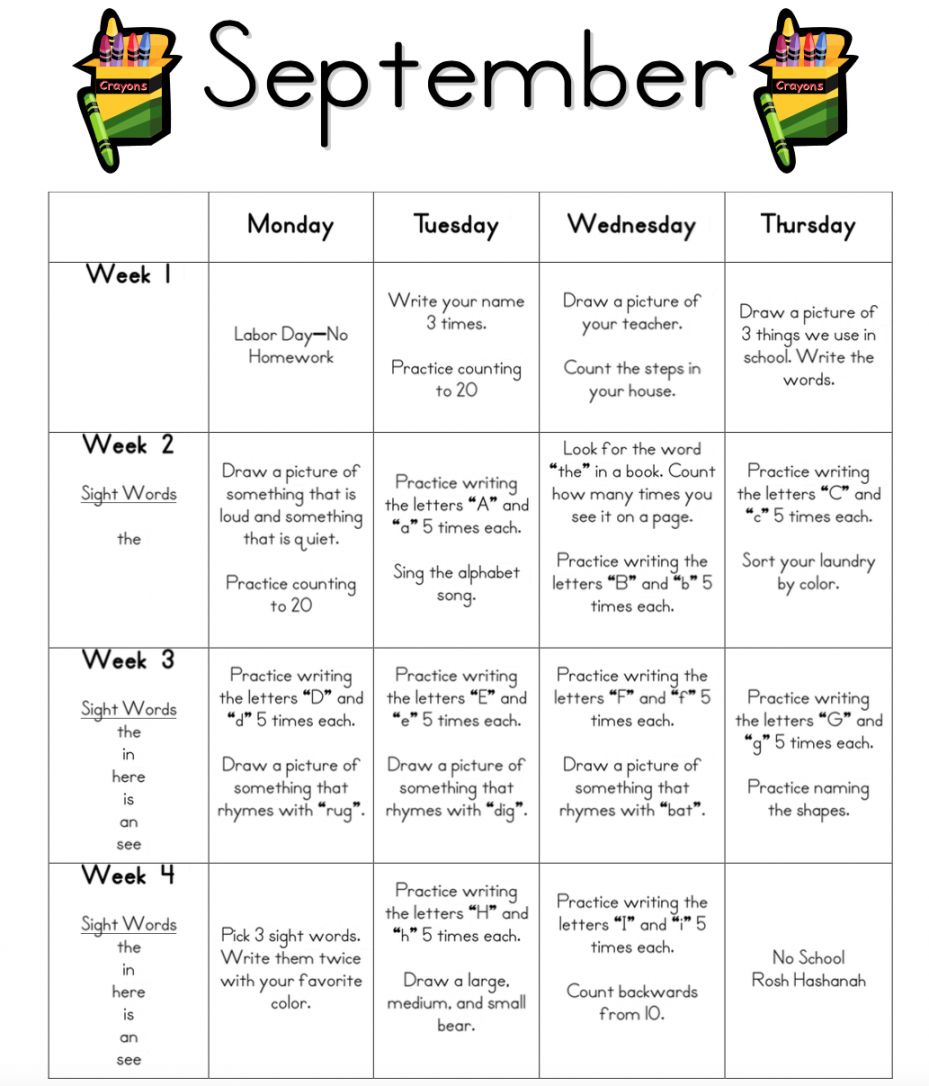 Kindergarten Monthly Homework - Find all the months at: http://www