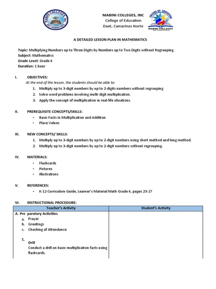 Lesson Plan Grade  Mathematics  PDF  Multiplication  Cognition