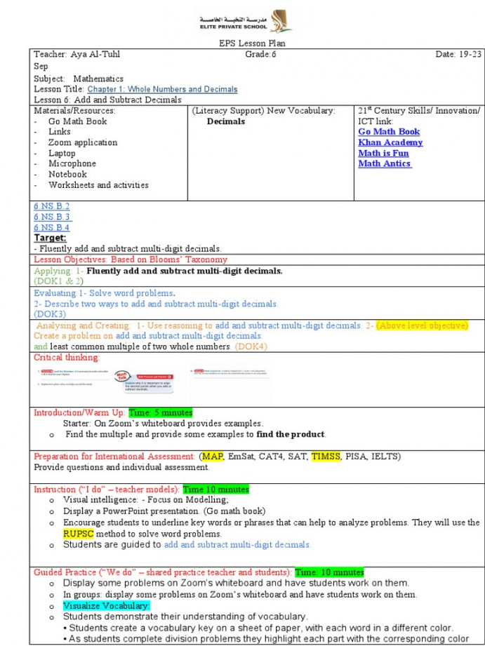 Lesson Plan - Term, Week  (G)  PDF  Mathematics  Lesson Plan