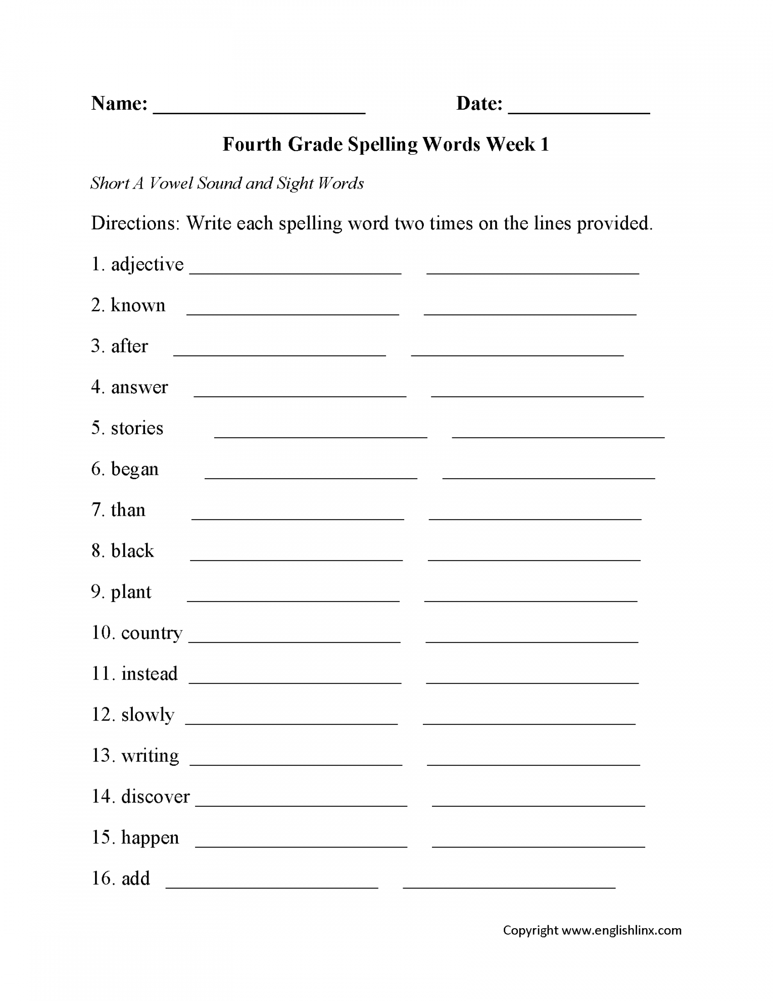 Spelling Worksheets  Fourth Grade Spelling Worksheets