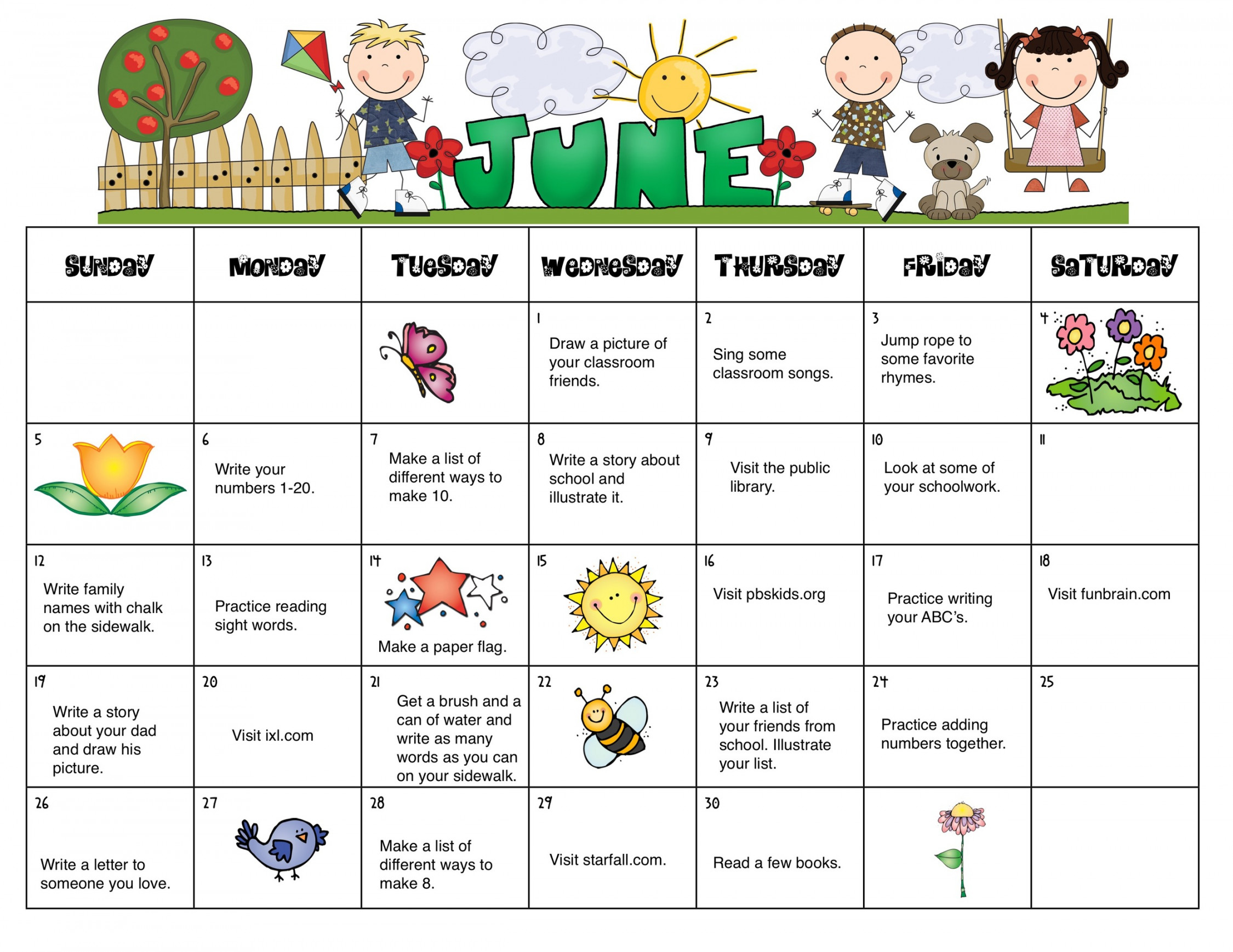 Summer Homework Calendar — Kindergarten Kiosk