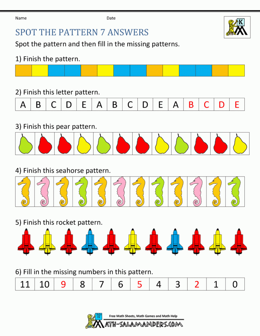 Free Kindergarten Worksheets Spot the Patterns