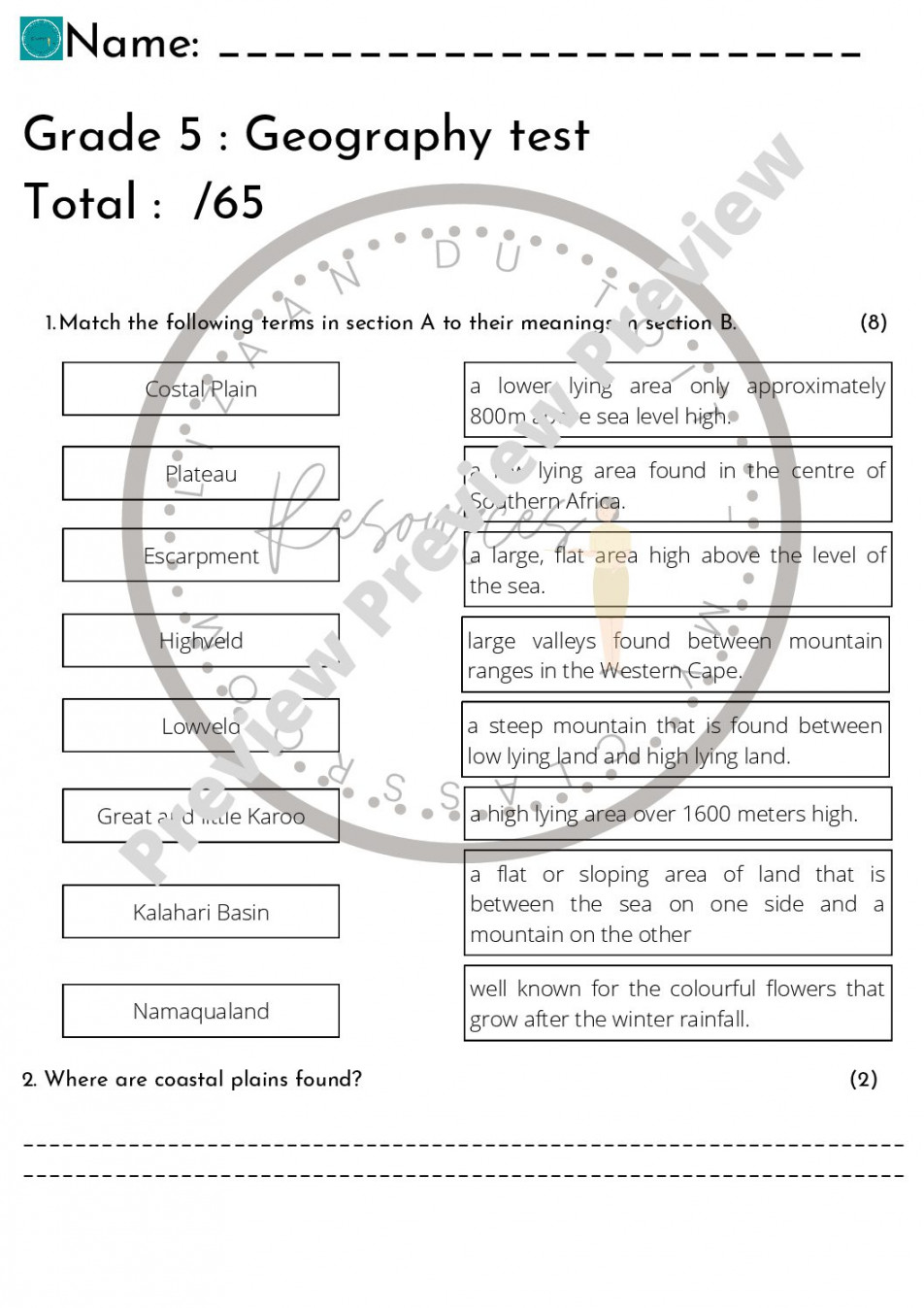 Grade  Geography test – South Africa • Teacha!