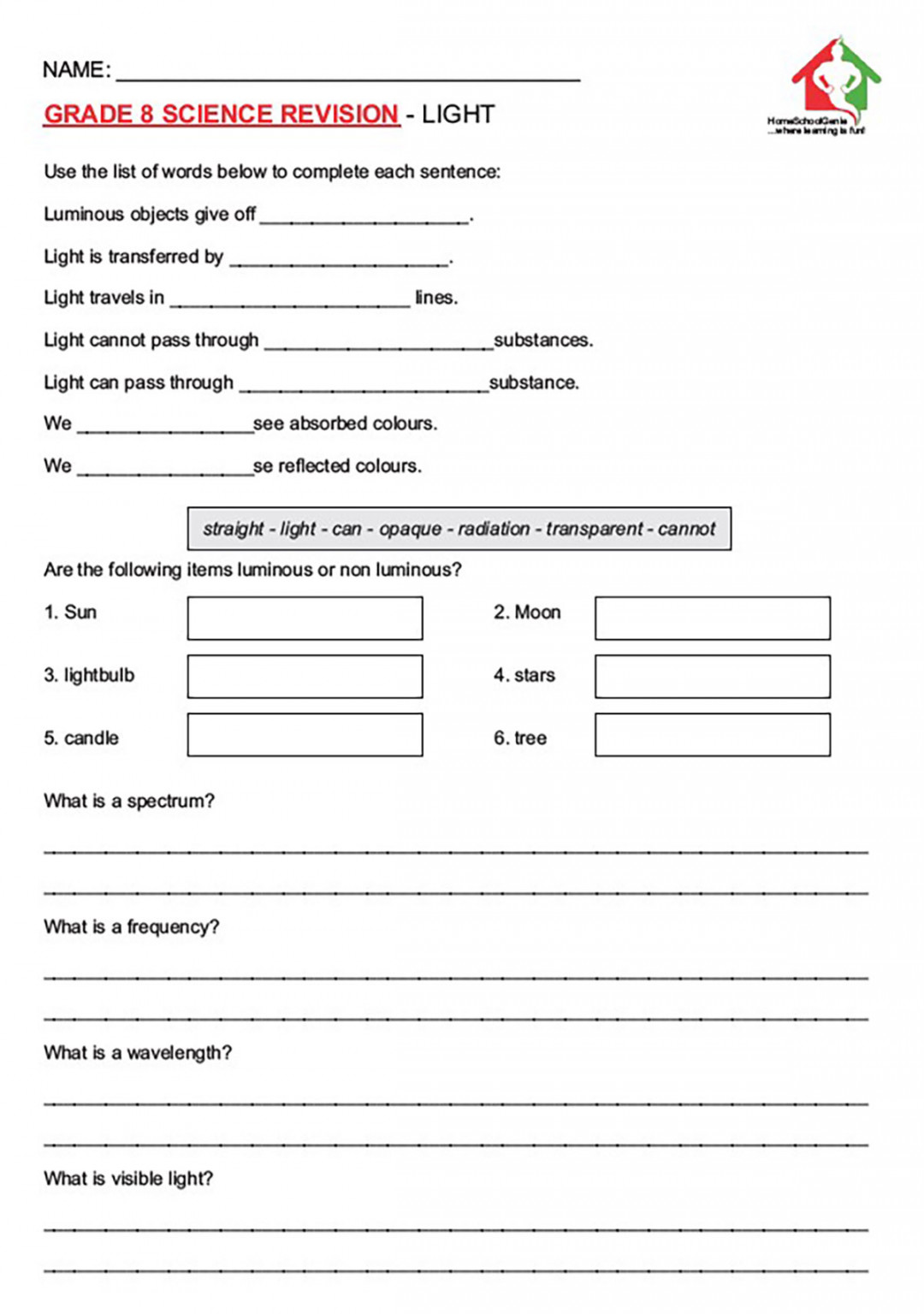 GRADE  SCIENCE – LIGHT REVISION WORKSHEET • Teacha!