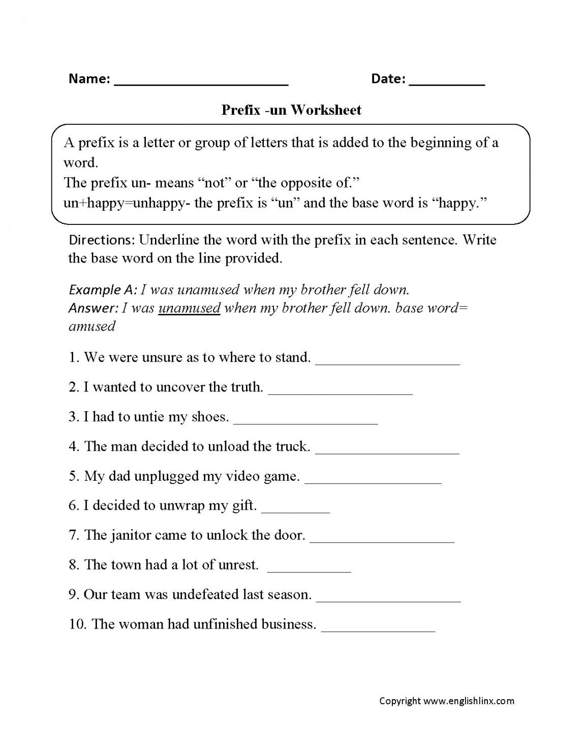 Prefixes Worksheets  Prefix un- Worksheet