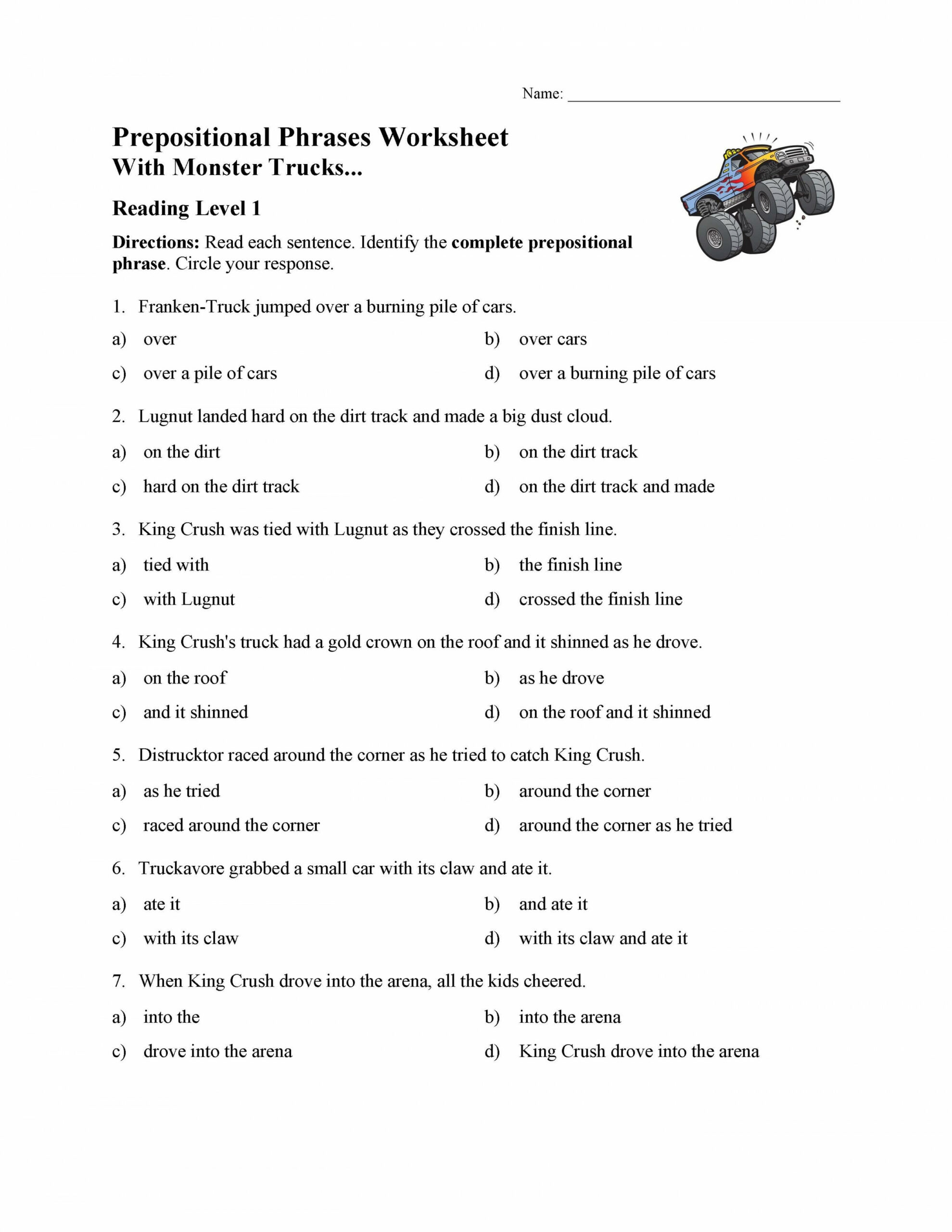 Prepositional Phrases Worksheet  - Reading Level   Preview