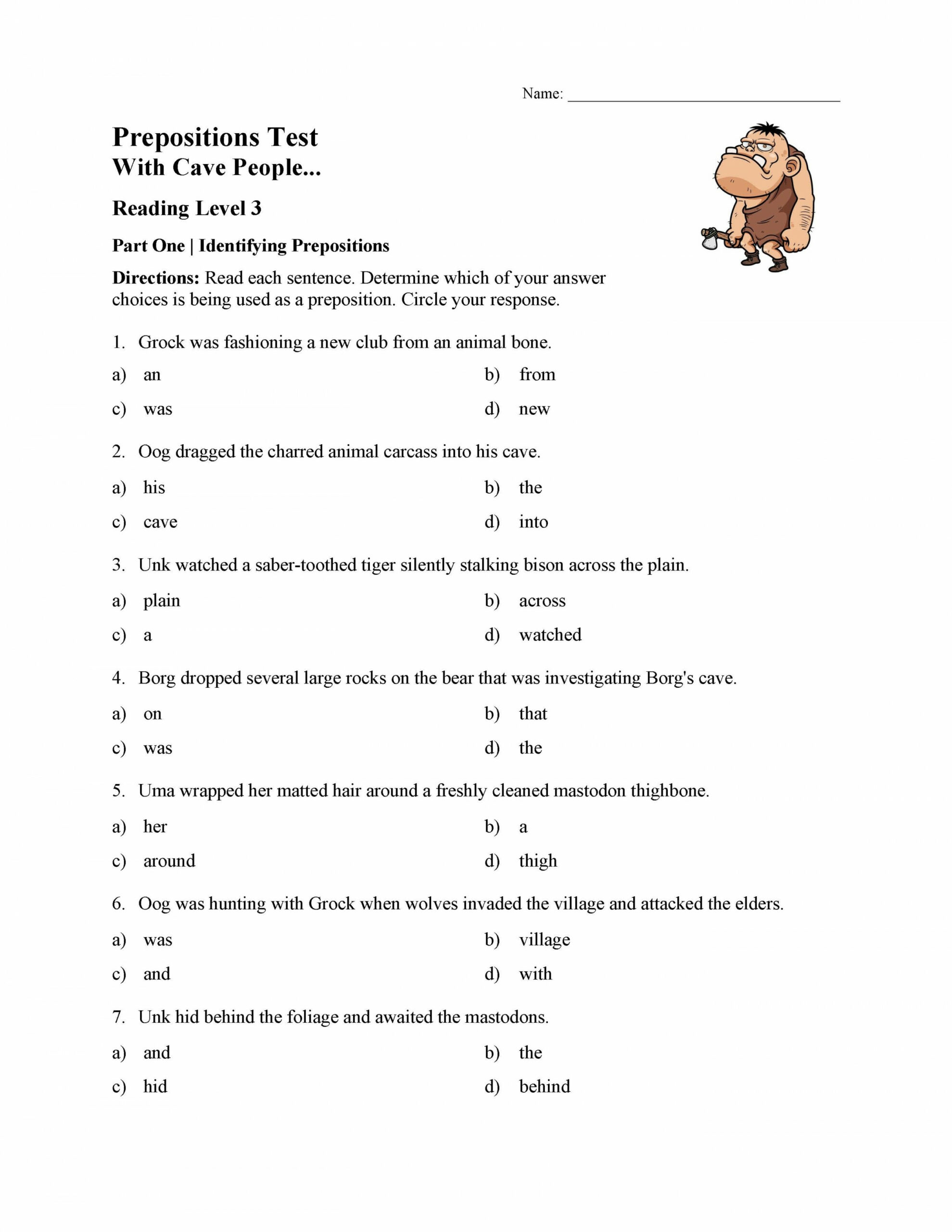 Prepositions Test  - Reading Level   Preview