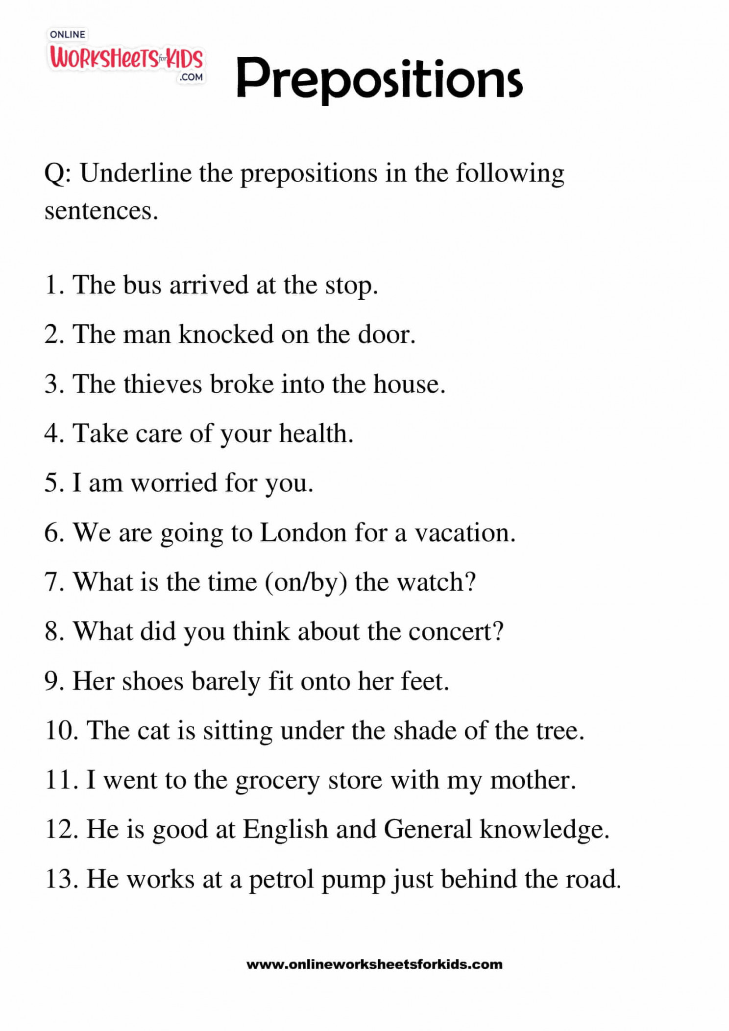 Prepositions Worksheet