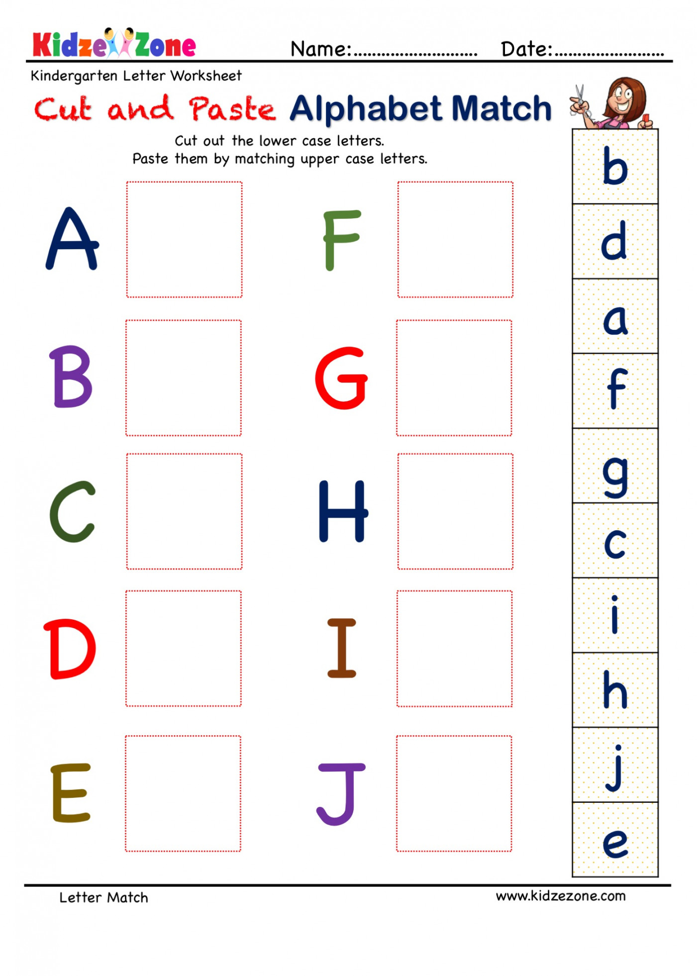 Preschool Letter Matching Activity Worksheet A to J - KidzeZone