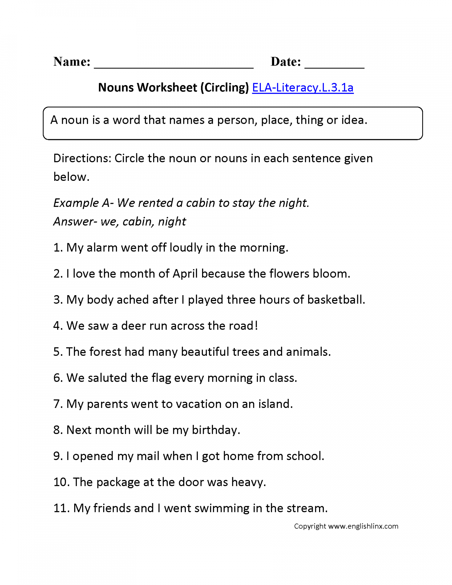 rd Grade Common Core  Language Worksheets  Nouns worksheet