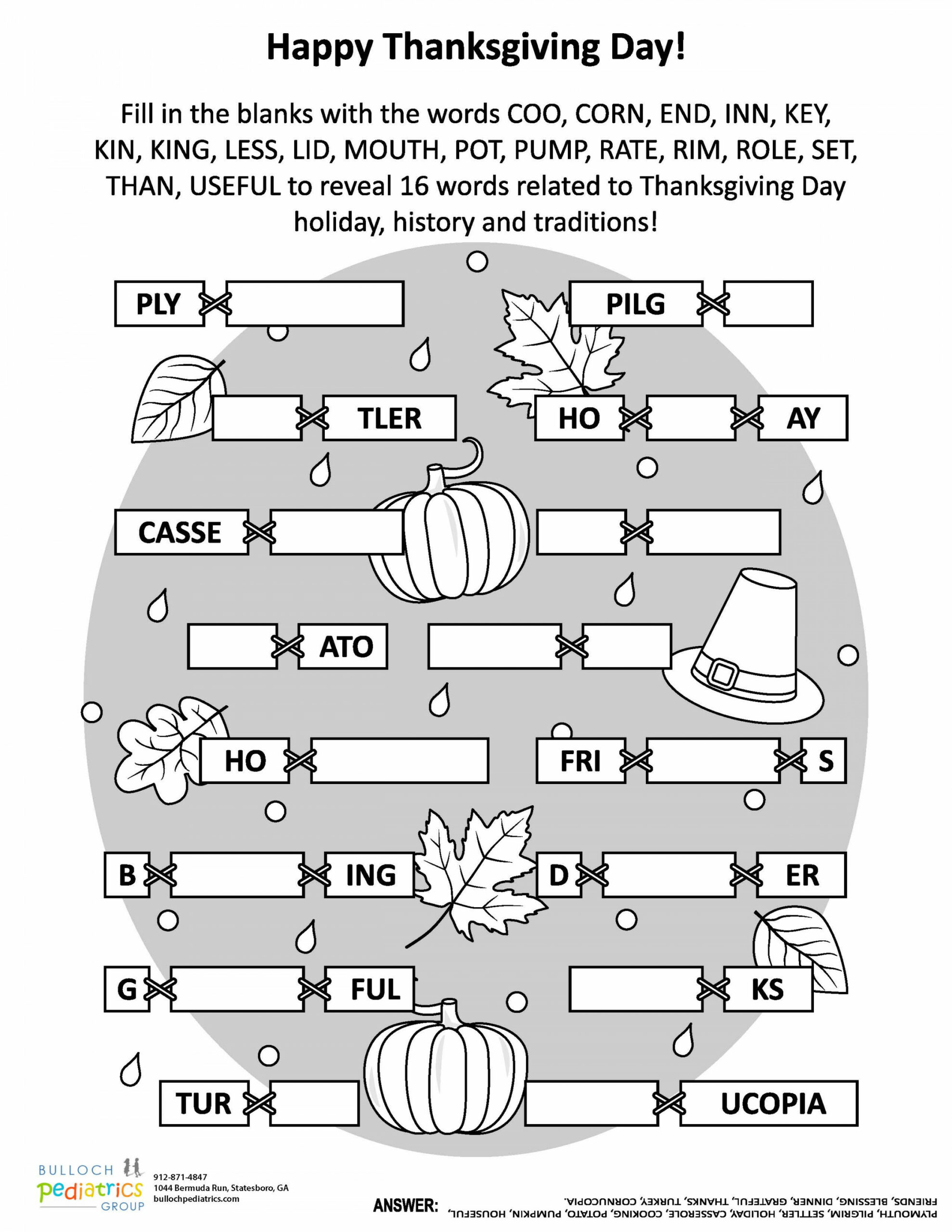 Thanksgiving Activity Sheets - Bulloch Pediatrics