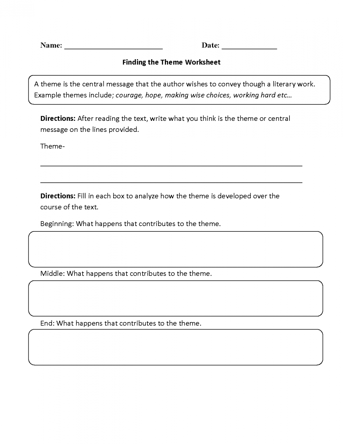 Theme Worksheets  Finding the Theme