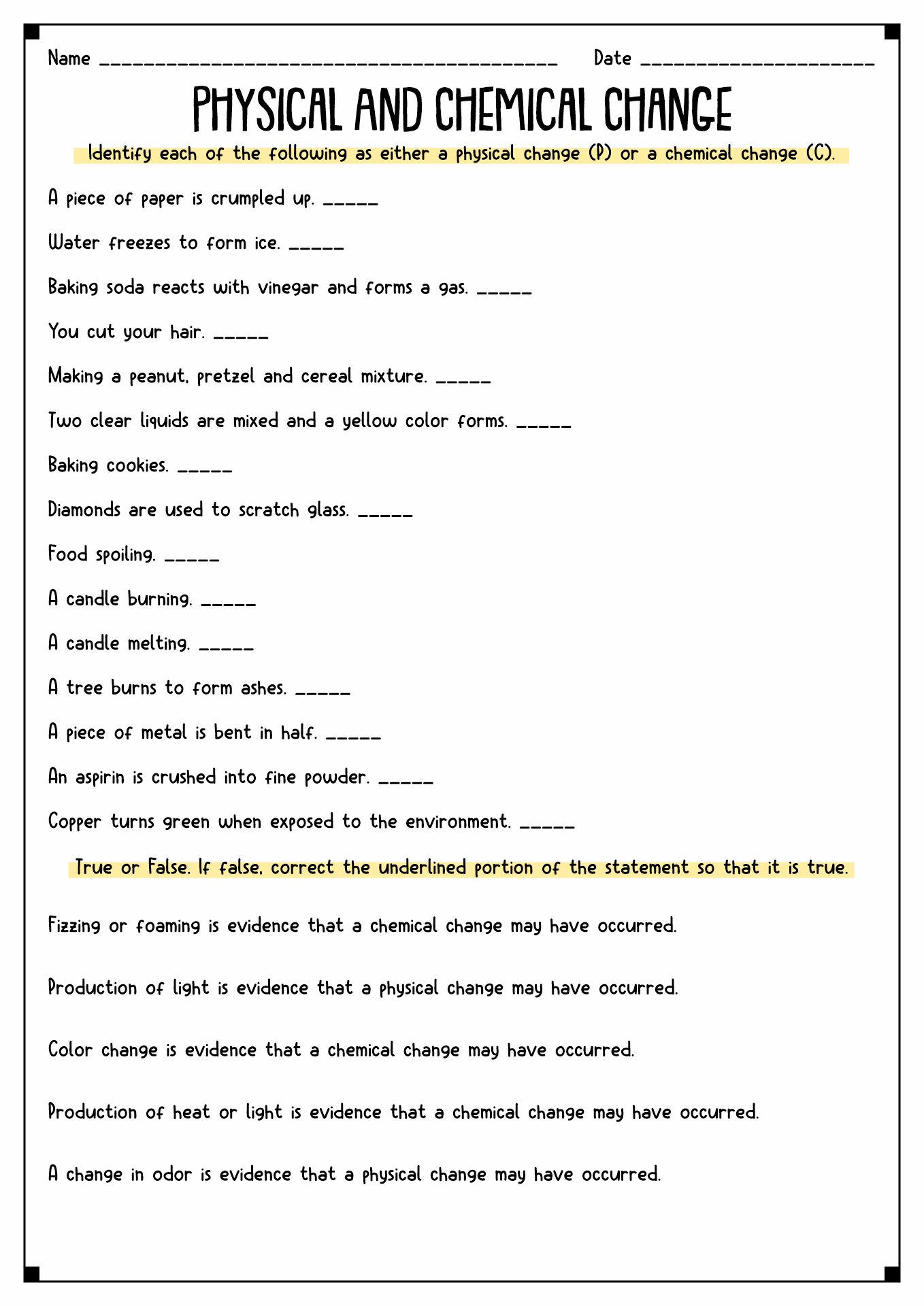 50+ Physical And Chemical Changes Worksheet With Answers 36