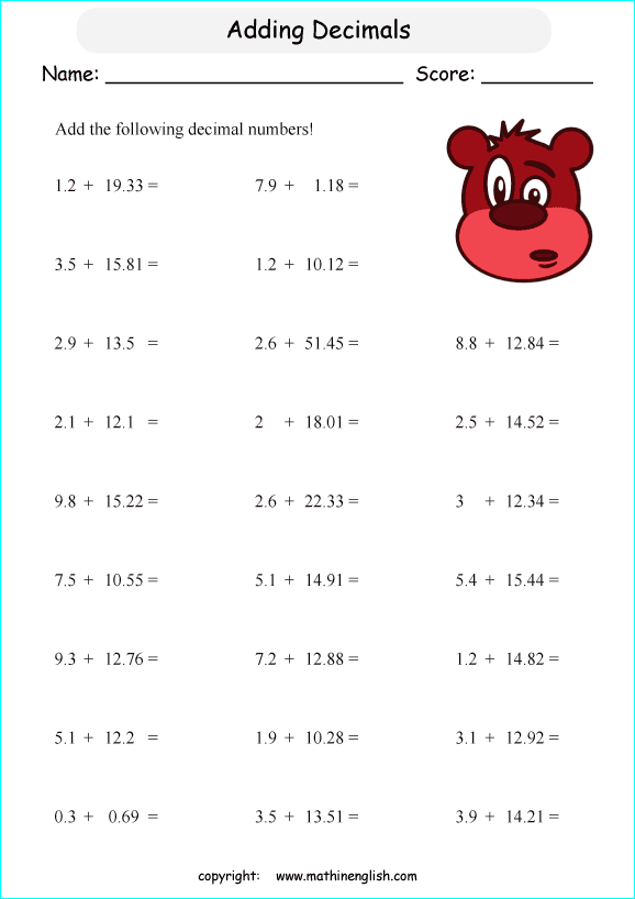 Adding Decimals Worksheet Pdf 13