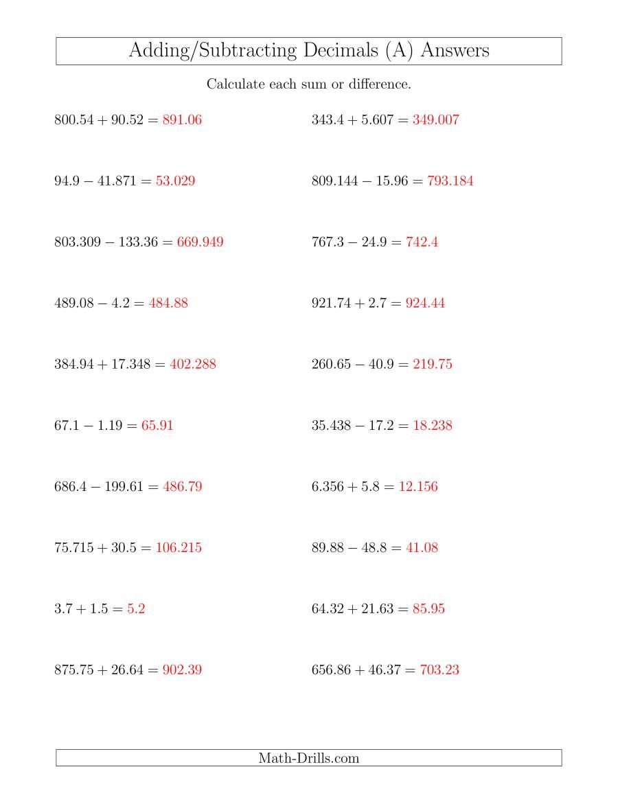 Adding Decimals Worksheet Pdf 18