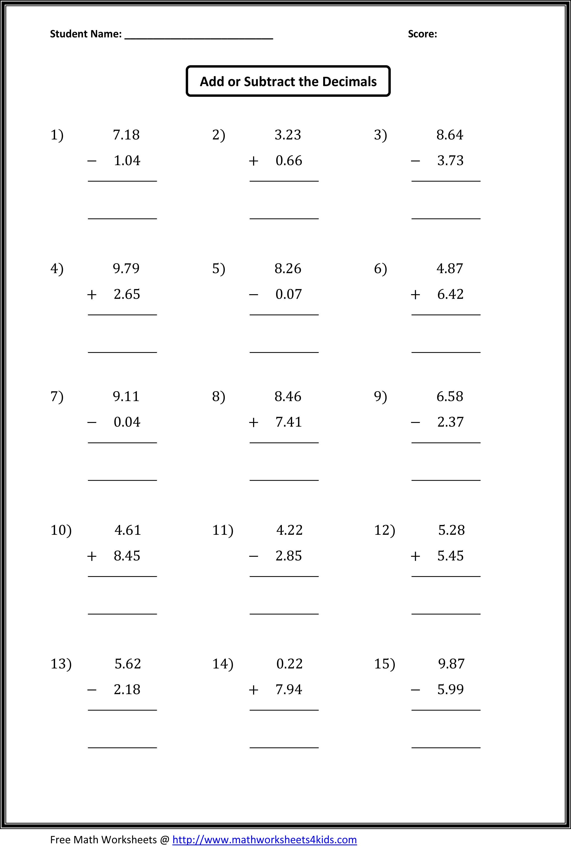 Adding Decimals Worksheet Pdf 27