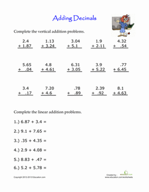 Adding Decimals Worksheet Pdf 37