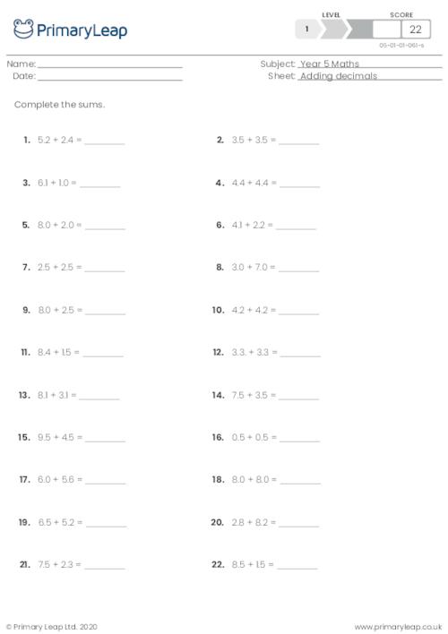 Adding Decimals Worksheet Pdf 47