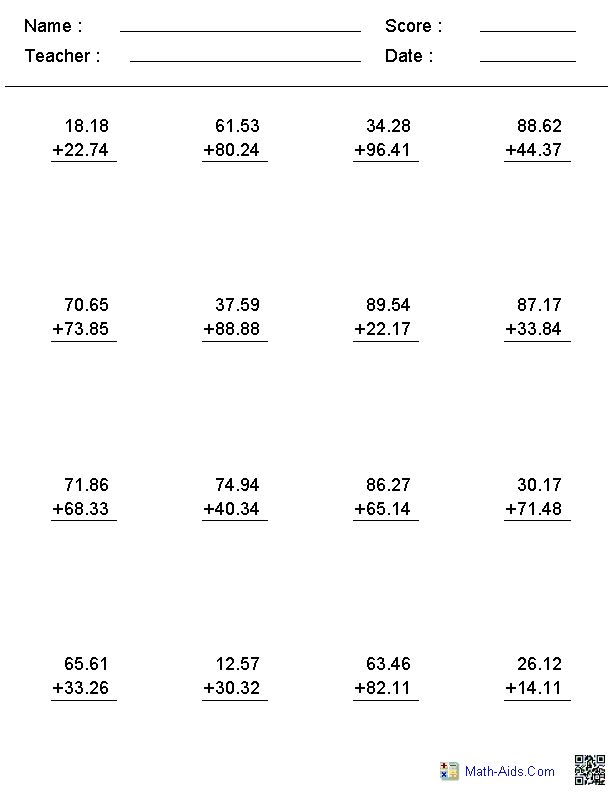 Adding Decimals Worksheet Pdf 49