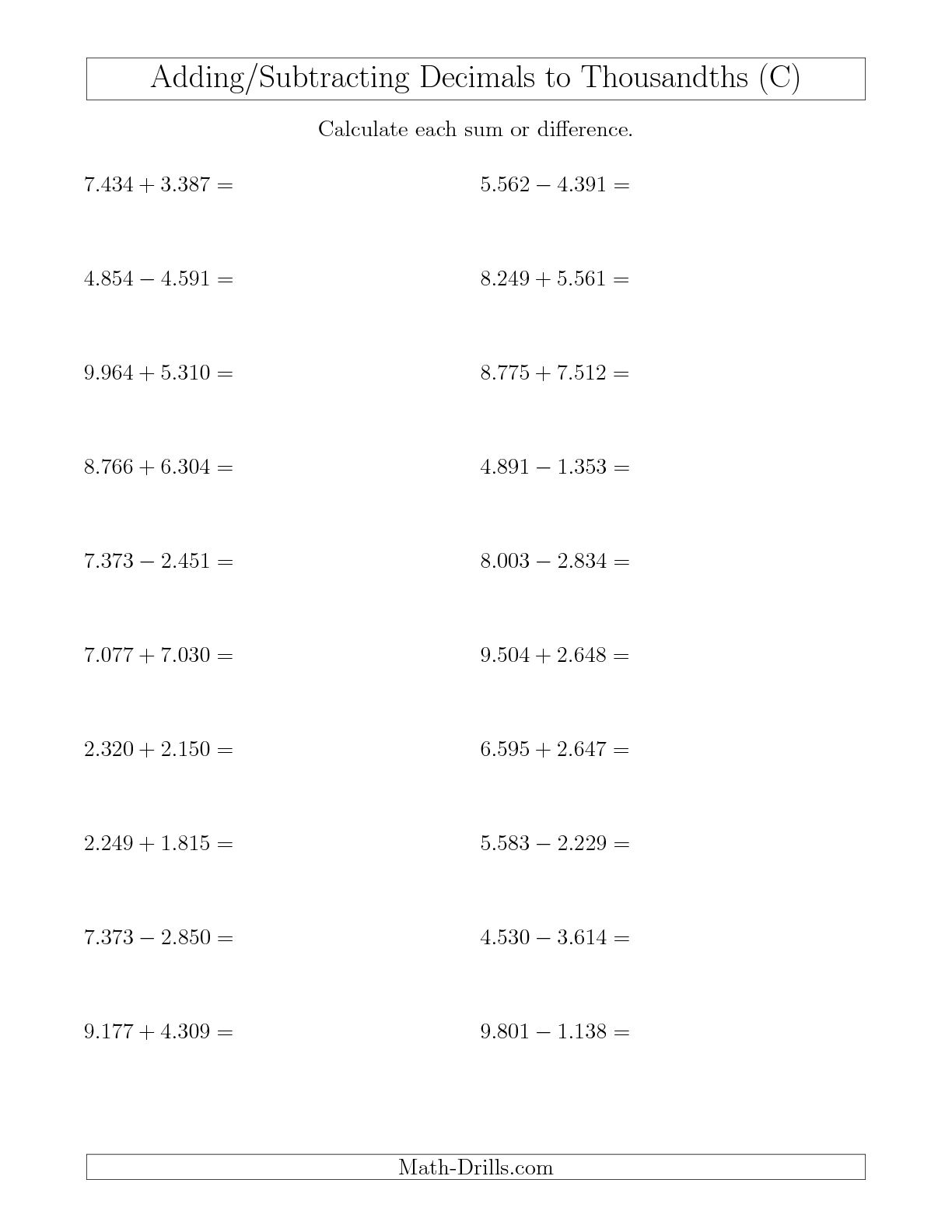 Adding Decimals Worksheet Pdf 91