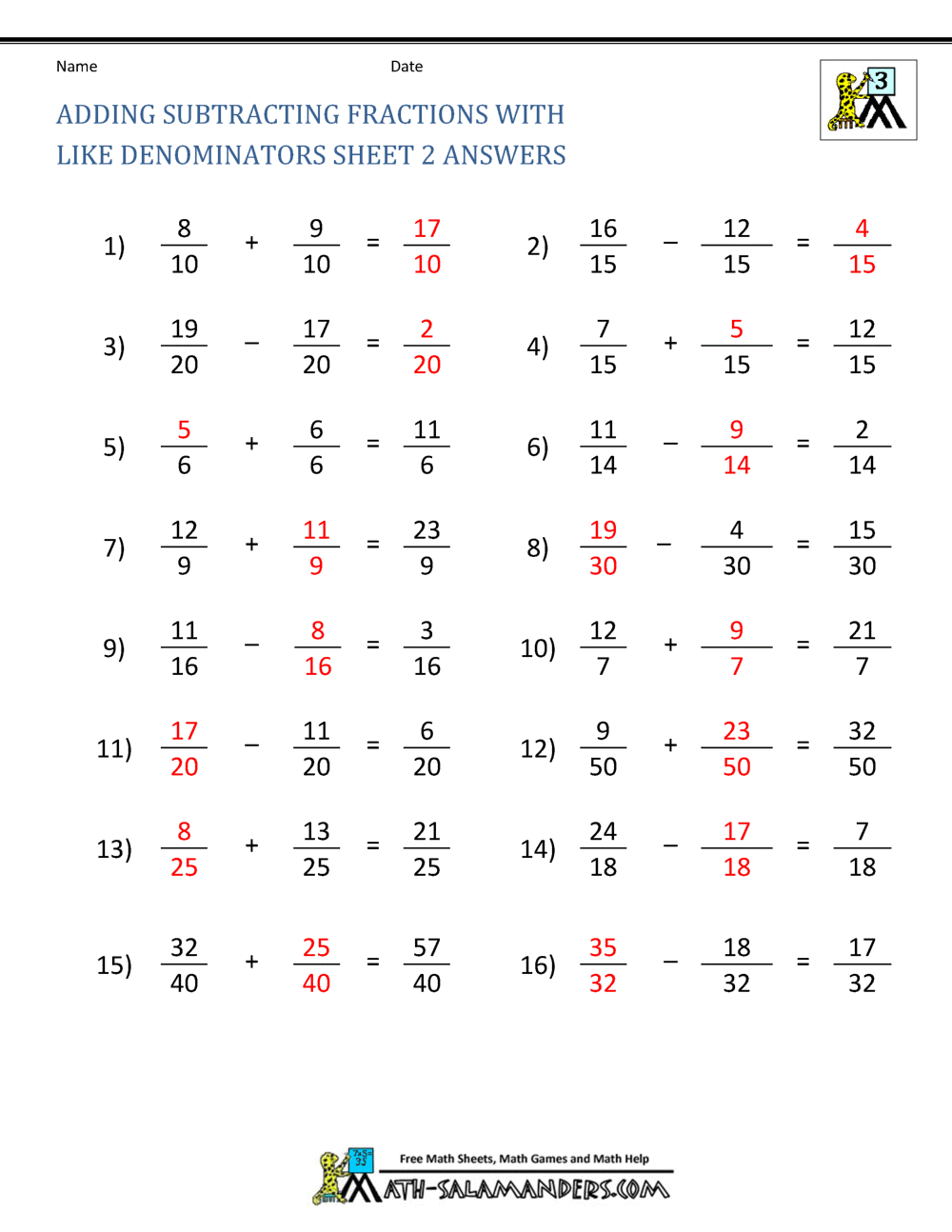 Addition Of Fractions Worksheets 100