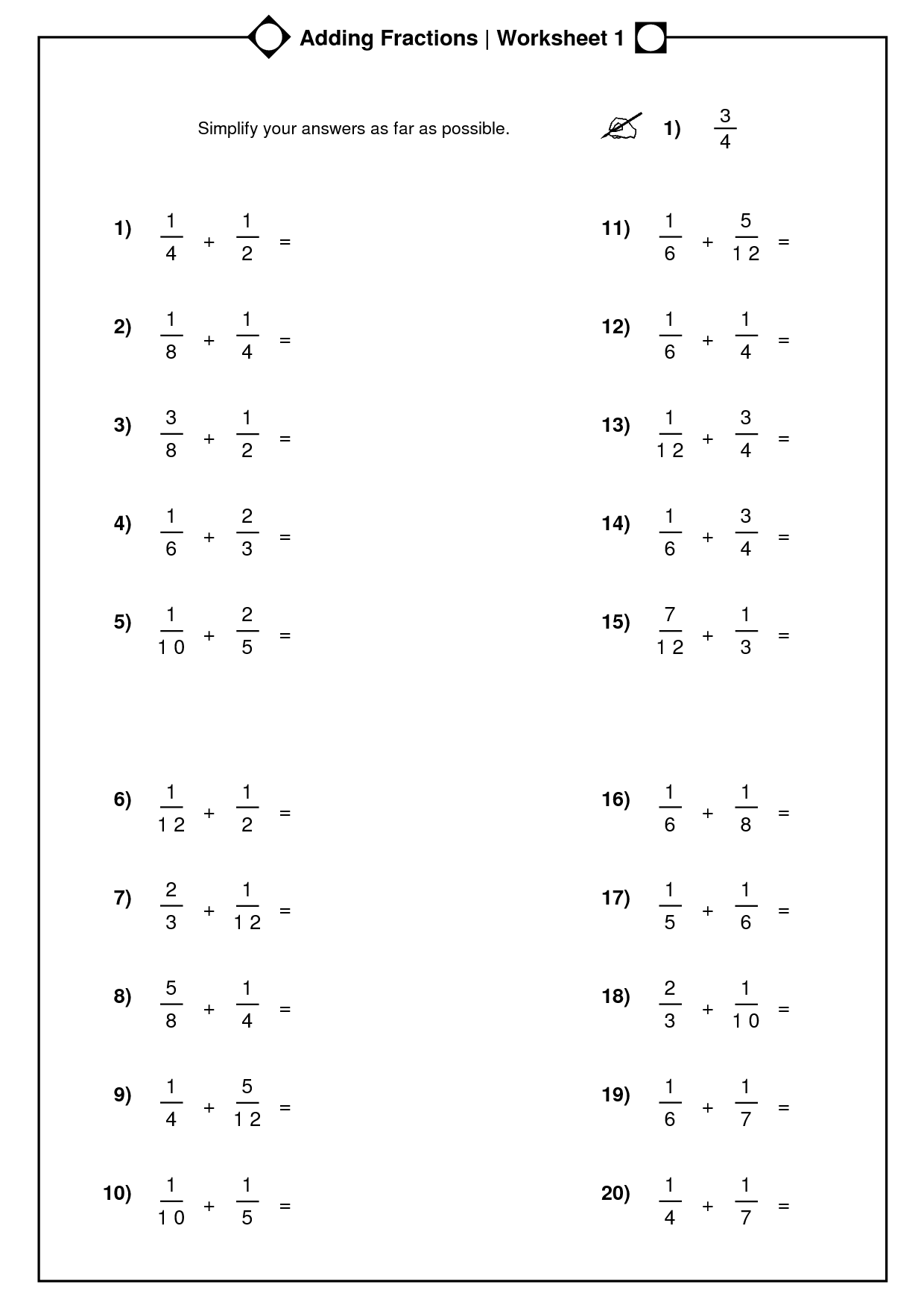 Addition Of Fractions Worksheets 102