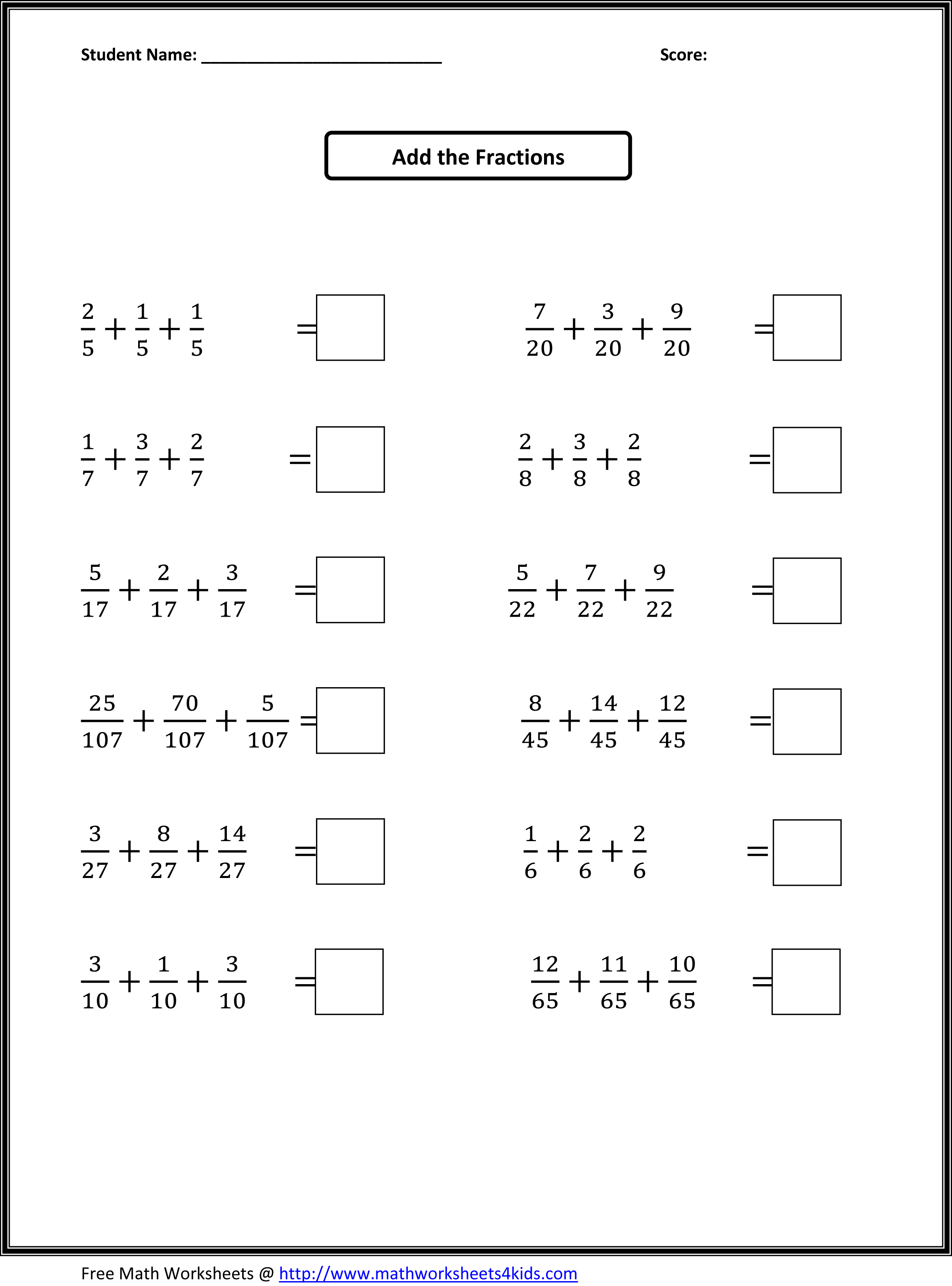 Addition Of Fractions Worksheets 3