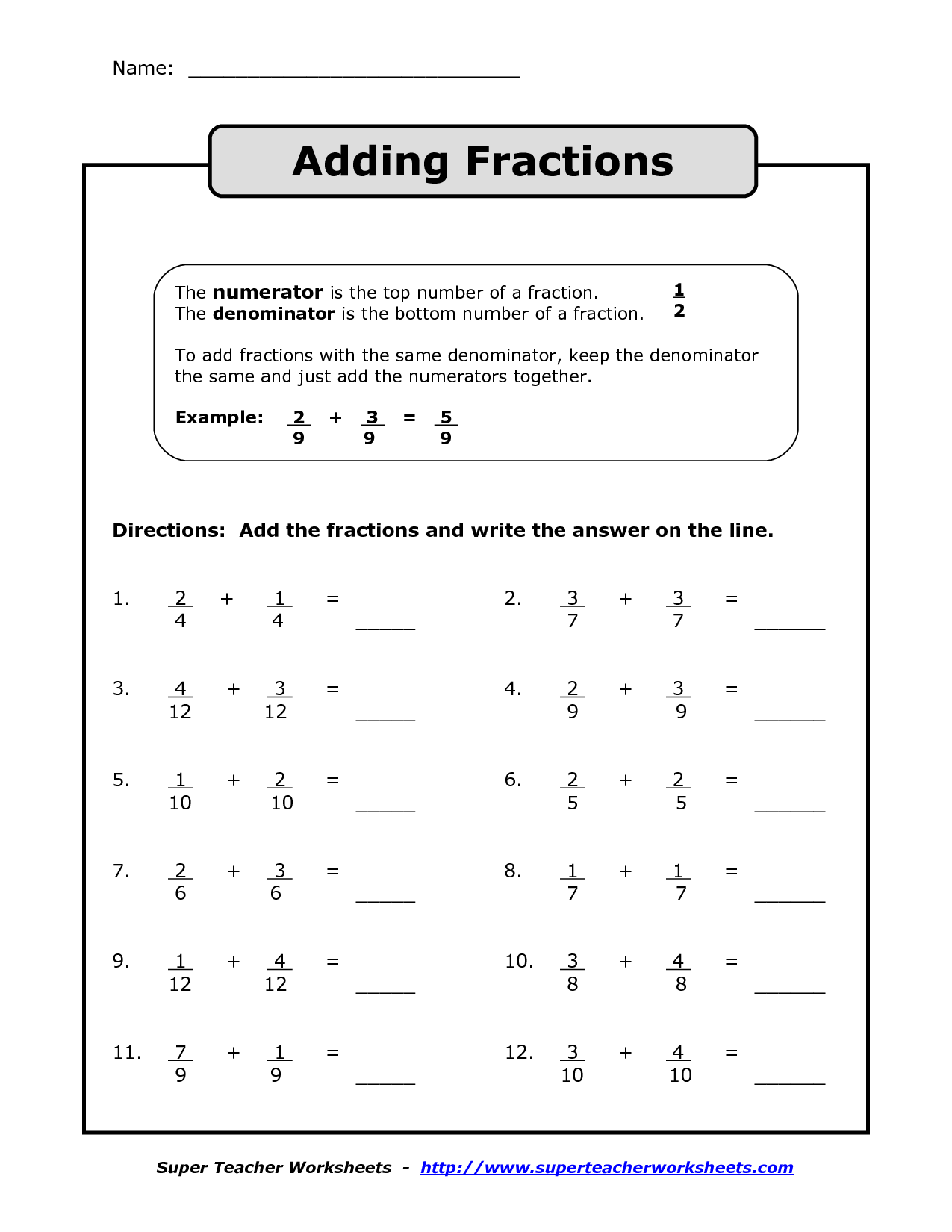 Addition Of Fractions Worksheets 35