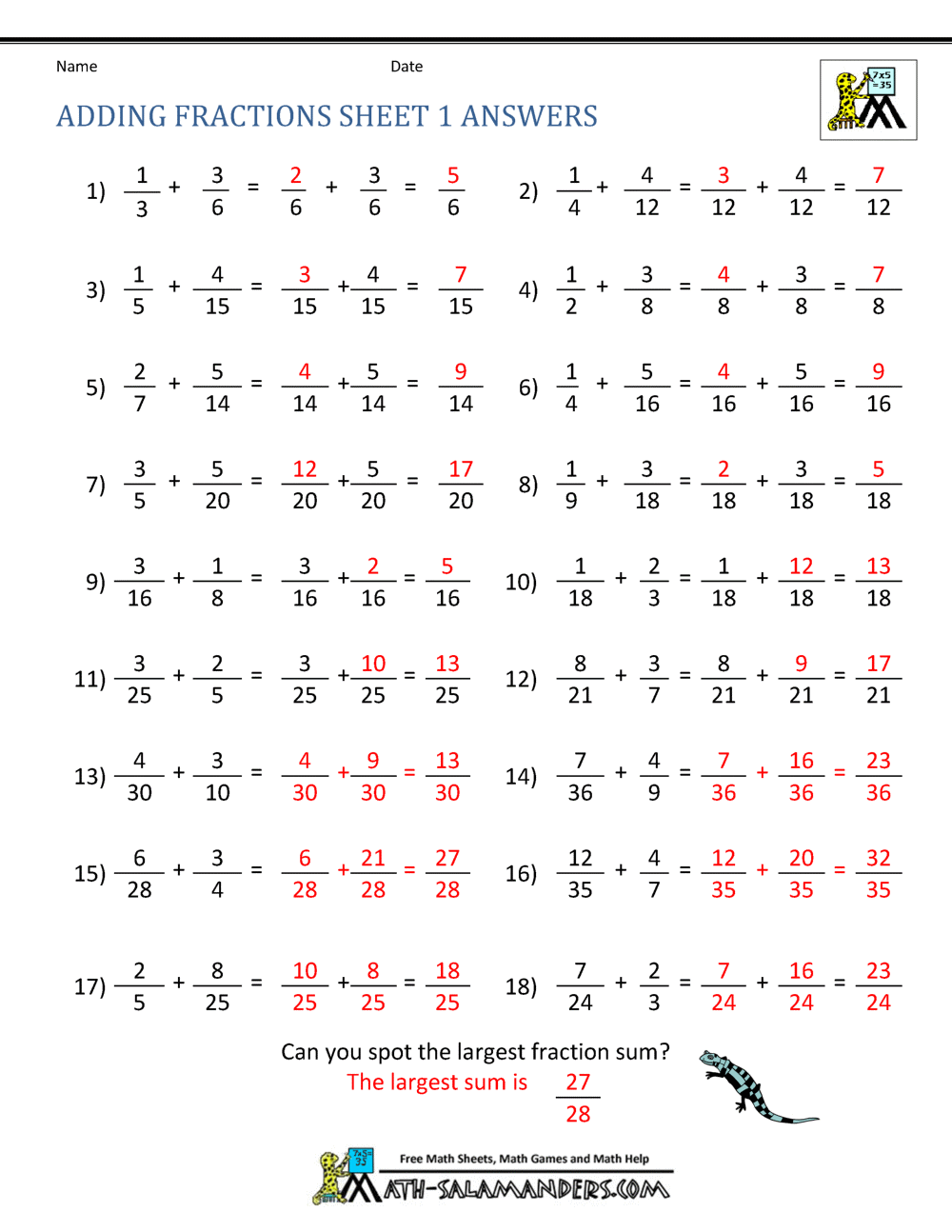 Addition Of Fractions Worksheets 36