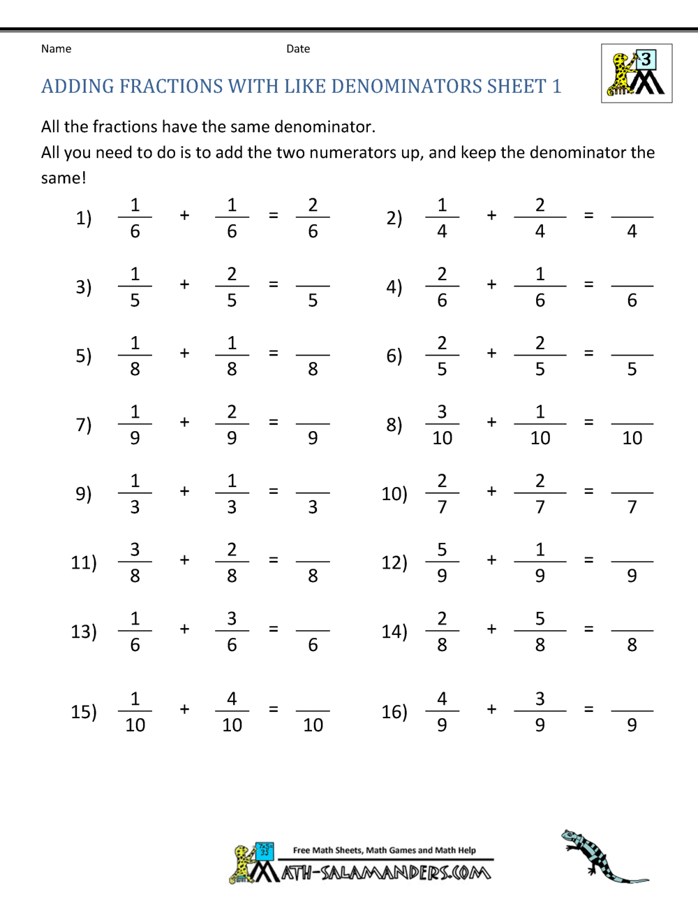 Addition Of Fractions Worksheets 4