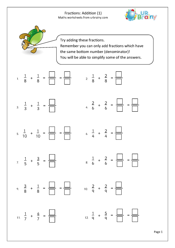 Addition Of Fractions Worksheets 8