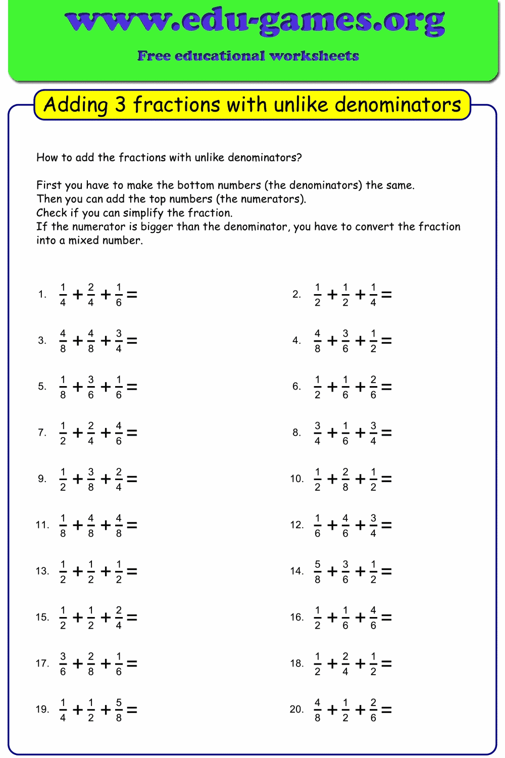 Addition Of Fractions Worksheets 80