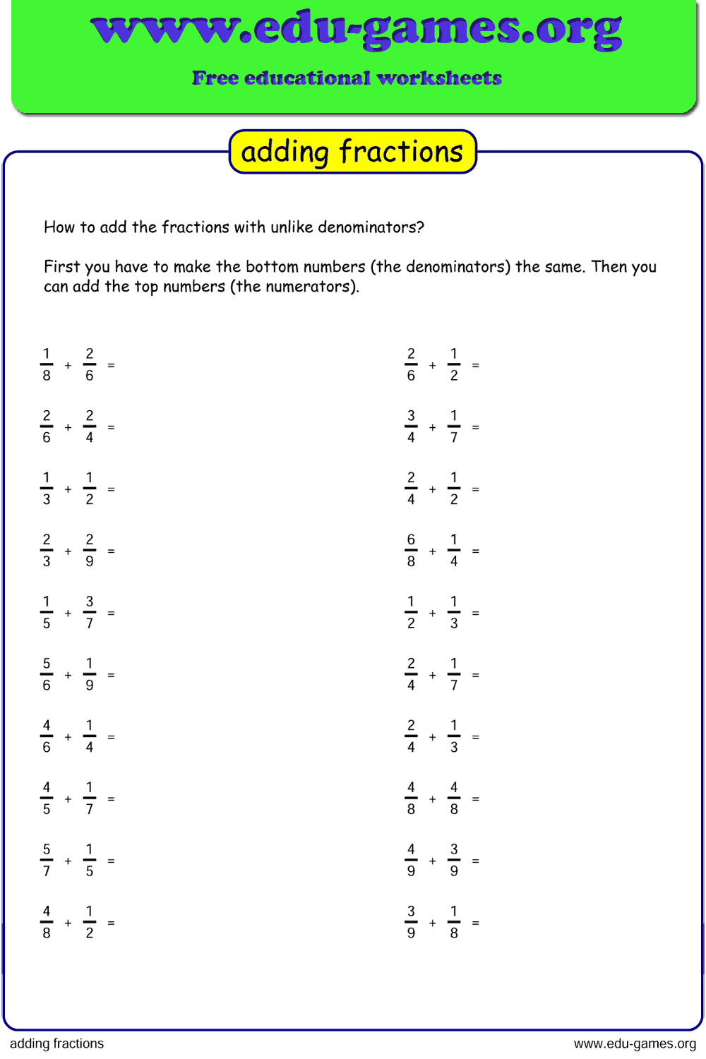 Addition Of Fractions Worksheets 96