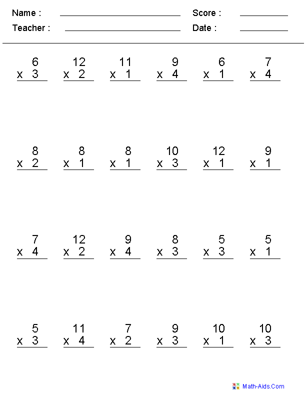 Multiplication Worksheets Grade 2 100