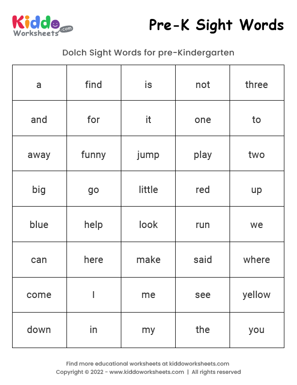 Preschool Sight Words Worksheets 10