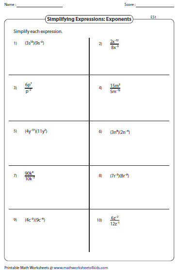 Simplifying Exponential Expressions Worksheet 8