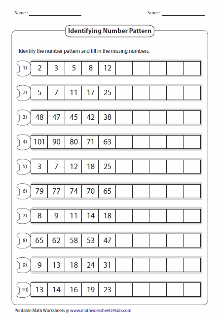 Worksheet On Number Patterns 57