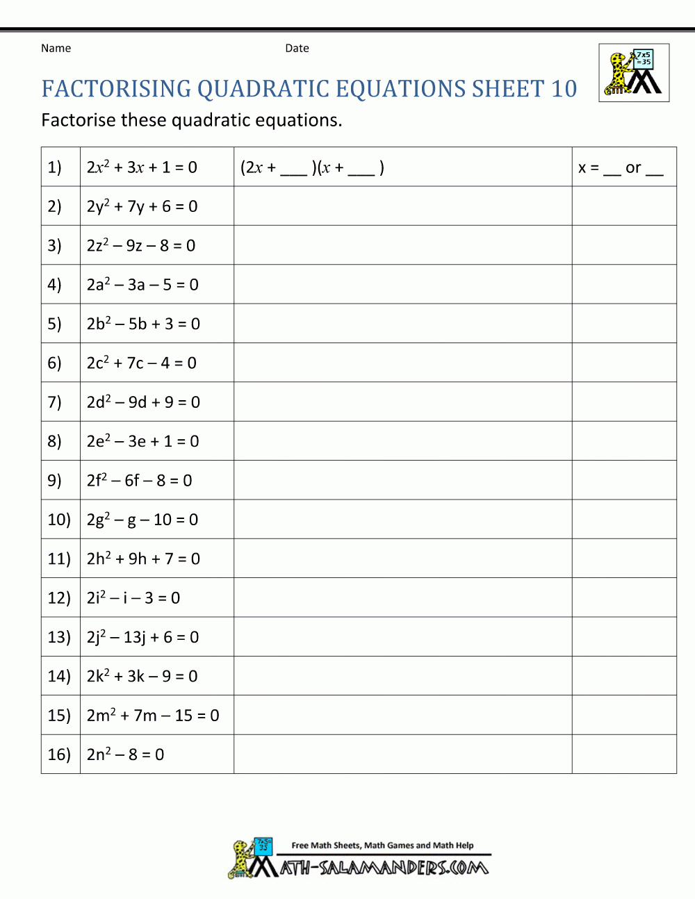 40 Factoring Quadratic Equations Worksheet 16