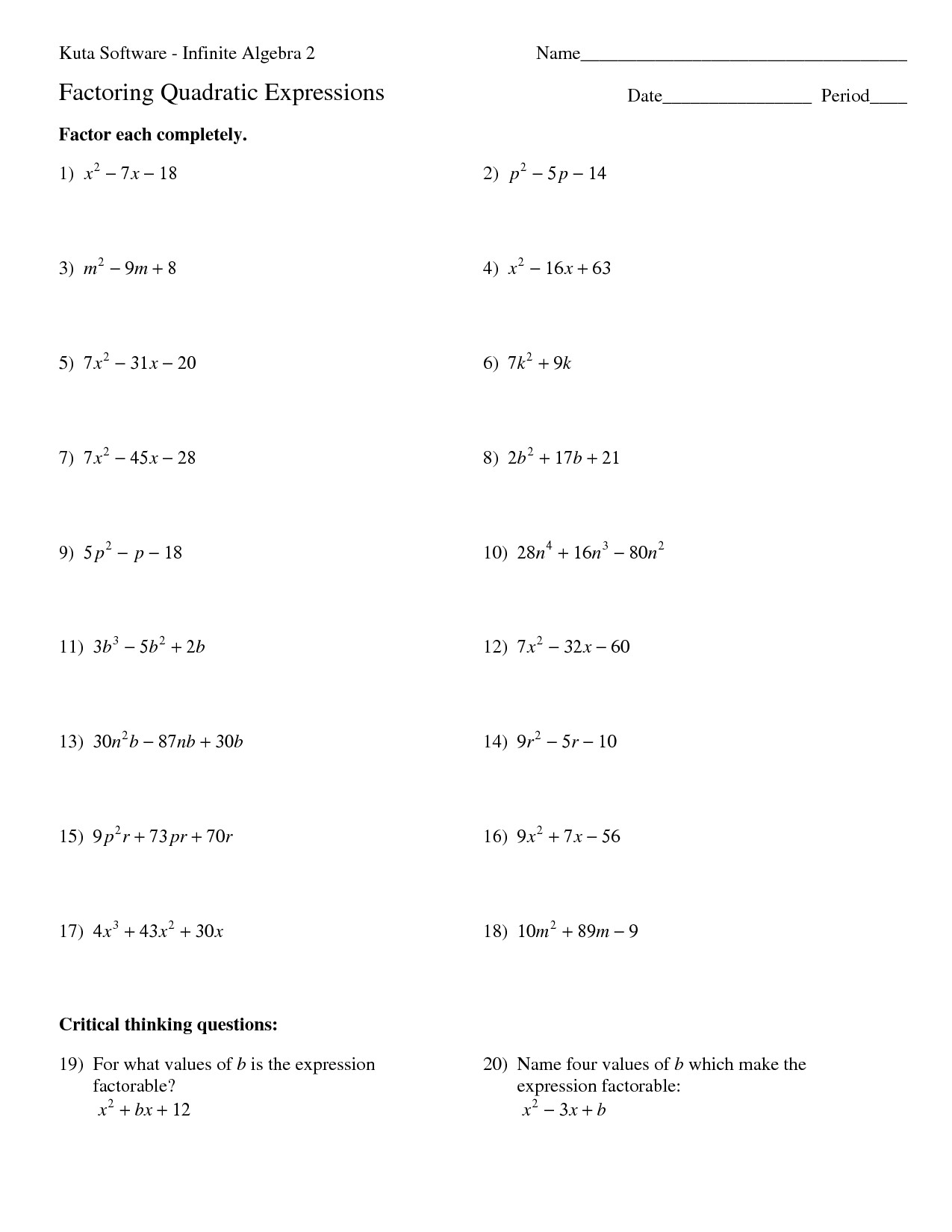 40 Factoring Quadratic Equations Worksheet 41