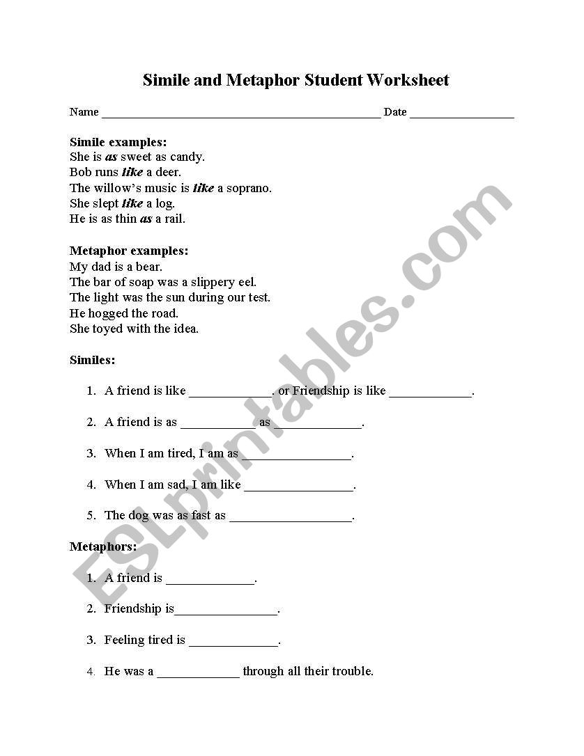 80 Printable Simile And Metaphor Worksheets 12