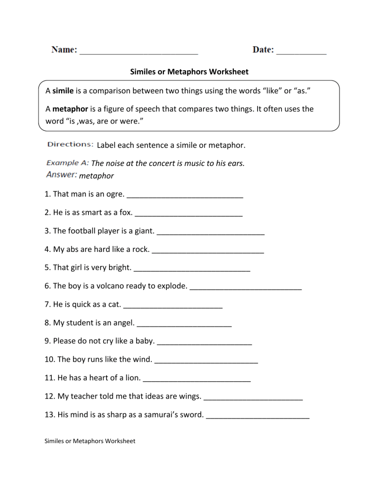 80 Printable Simile And Metaphor Worksheets 33