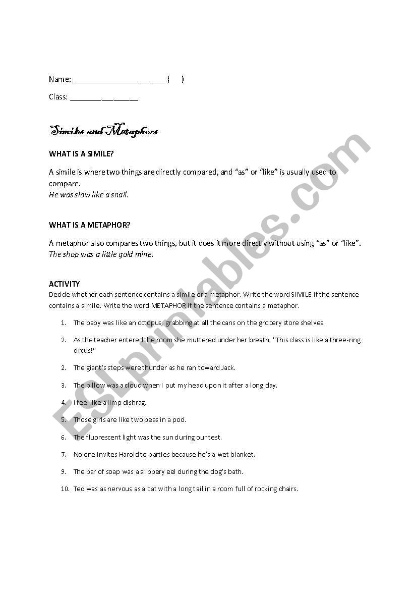 80 Printable Simile And Metaphor Worksheets 46